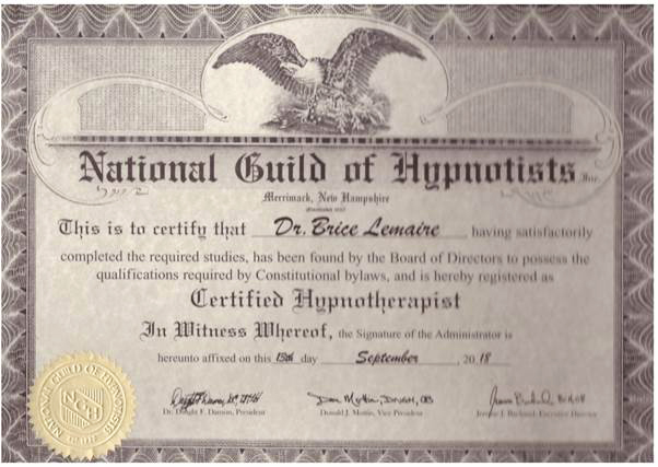 Docteur Brice Lemaire, diplômé du National Guild of Hypnotist