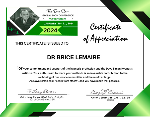 Diplôme du Docteur Brice Lemaire - Certificate of Appreciation Zoom Conference 19 au 21 janvier 2024