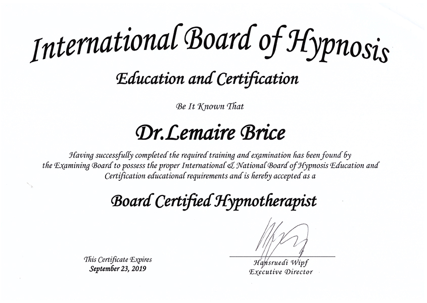 Docteur Brice Lemaire, Certification en Hypnose