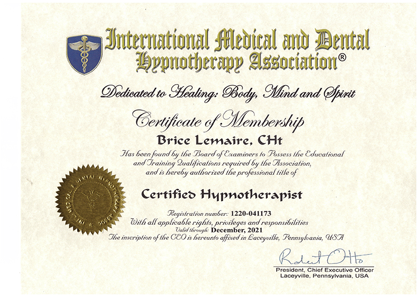 Docteur Brice Lemaire, Certification en Hypnose