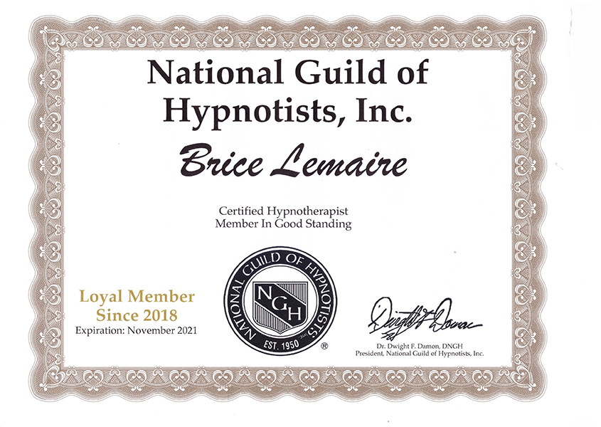 Docteur Brice Lemaire, Certification en Hypnose