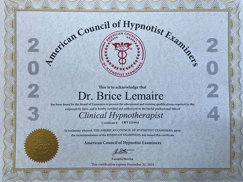 Docteur Brice Lemaire - Certification ACHE Hypnothérapie Clinique