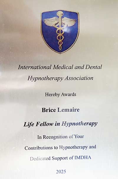 IMDHA_award2025 Award 2025 “Life Fellow in Hypnotherapy” par l’IMDHA, USA