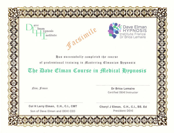 DEHI France - DIPLÔME officiel THE DAVE ELMAN COURSE IN MEDICAL HYPPNOSIS - Fac similé