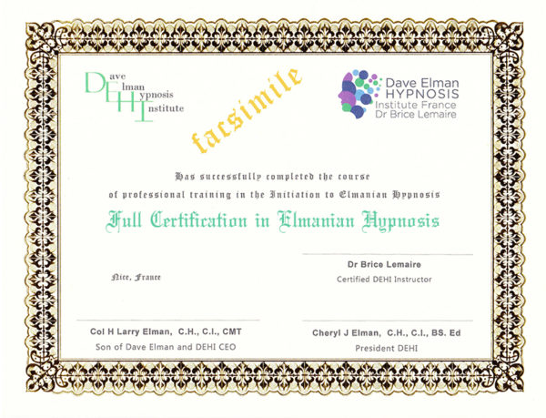 DEHI France - DIPLÔME officiel FULL CERTIFICATION of ELMANIAN HYPNOSIS- Fac similé