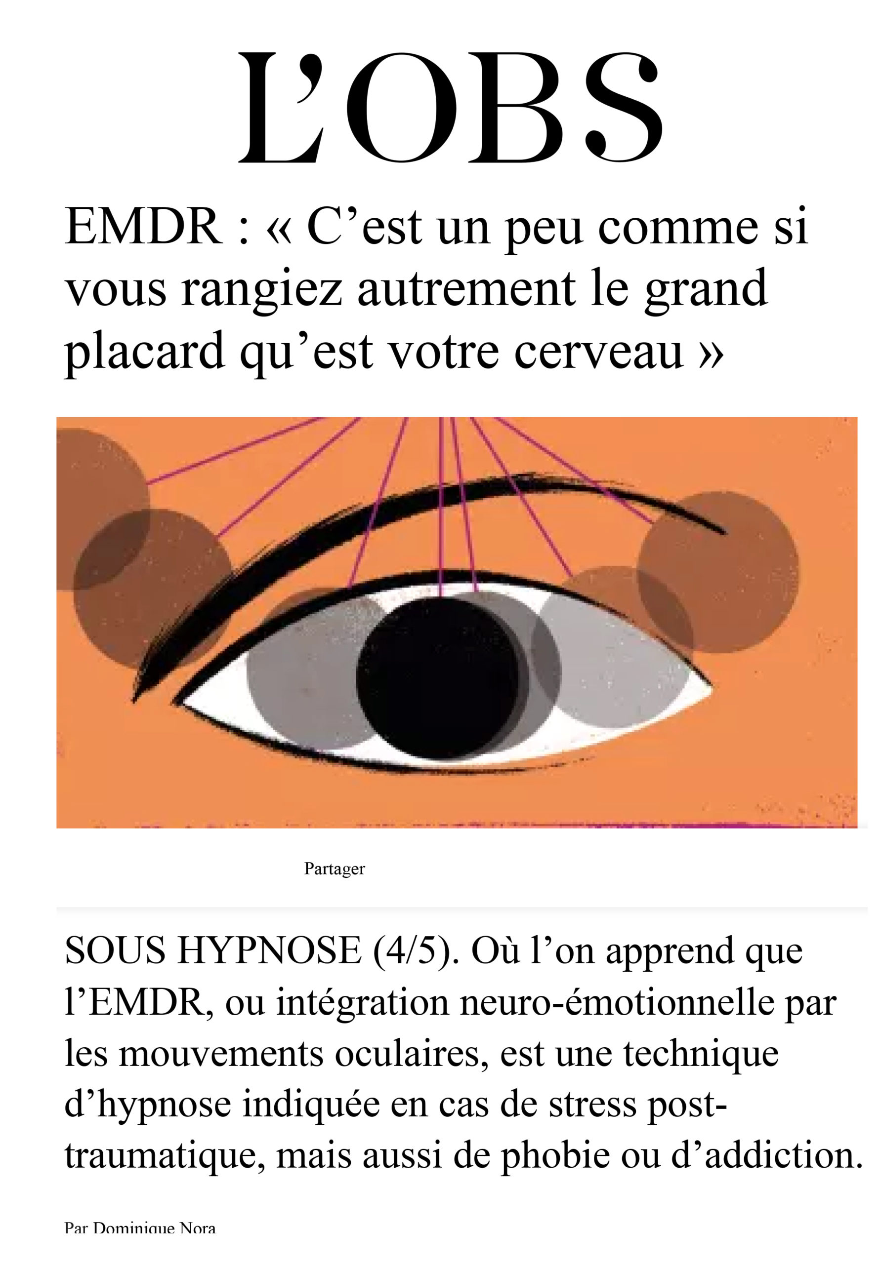 Article du Nouvel Obs par Dominique Nora sur l'hypnose : EMDR