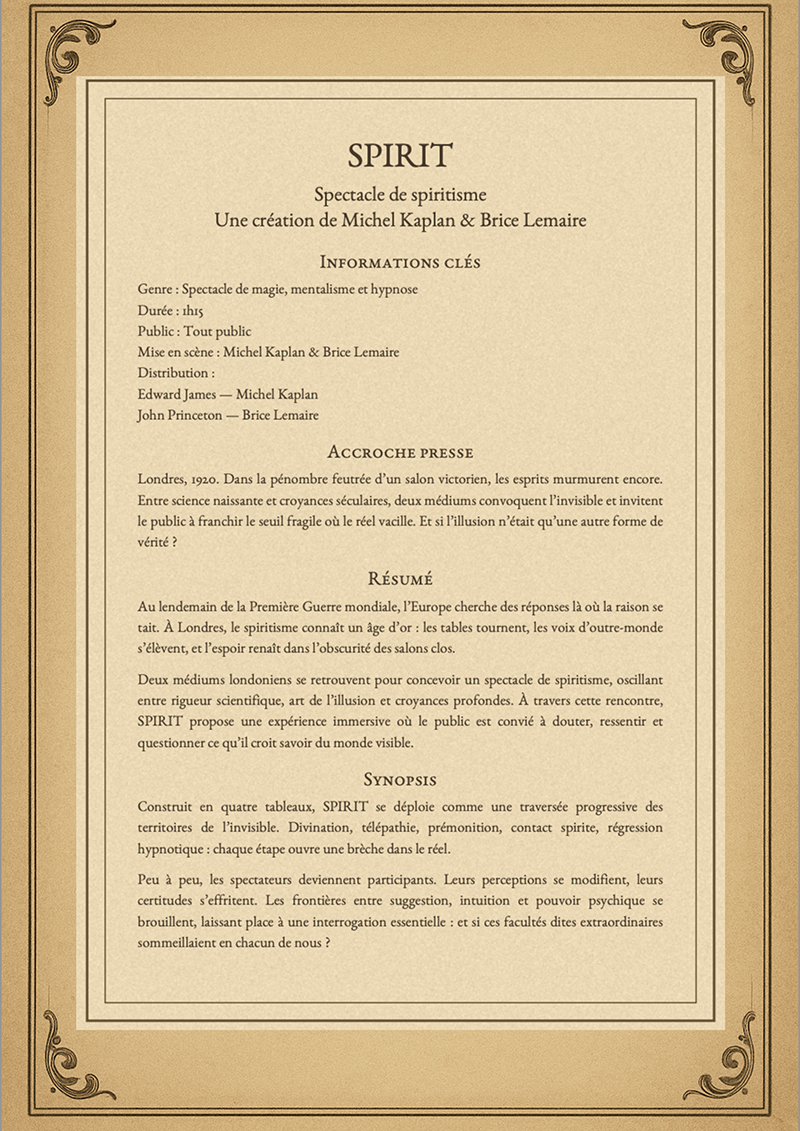 Spirit, un spectacle de mentalisme avec Brice Lemaire et Michel Kaplan